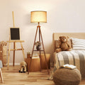 Mid‑Century Wood Tripod Floor Lamp with Shelves