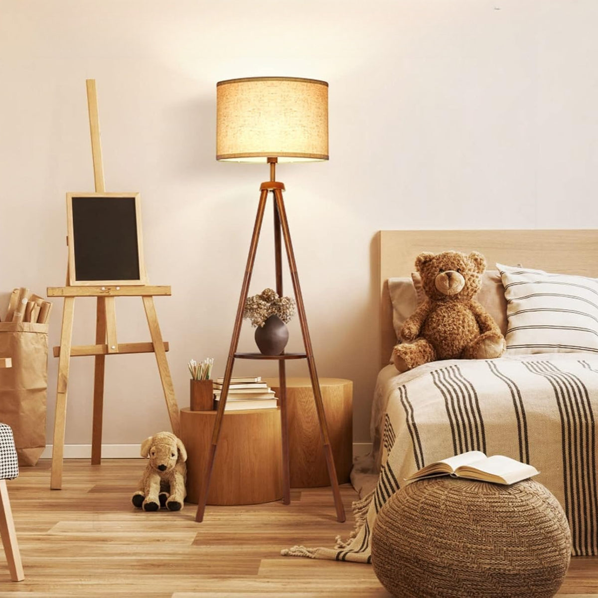Mid‑Century Wood Tripod Floor Lamp with Shelves