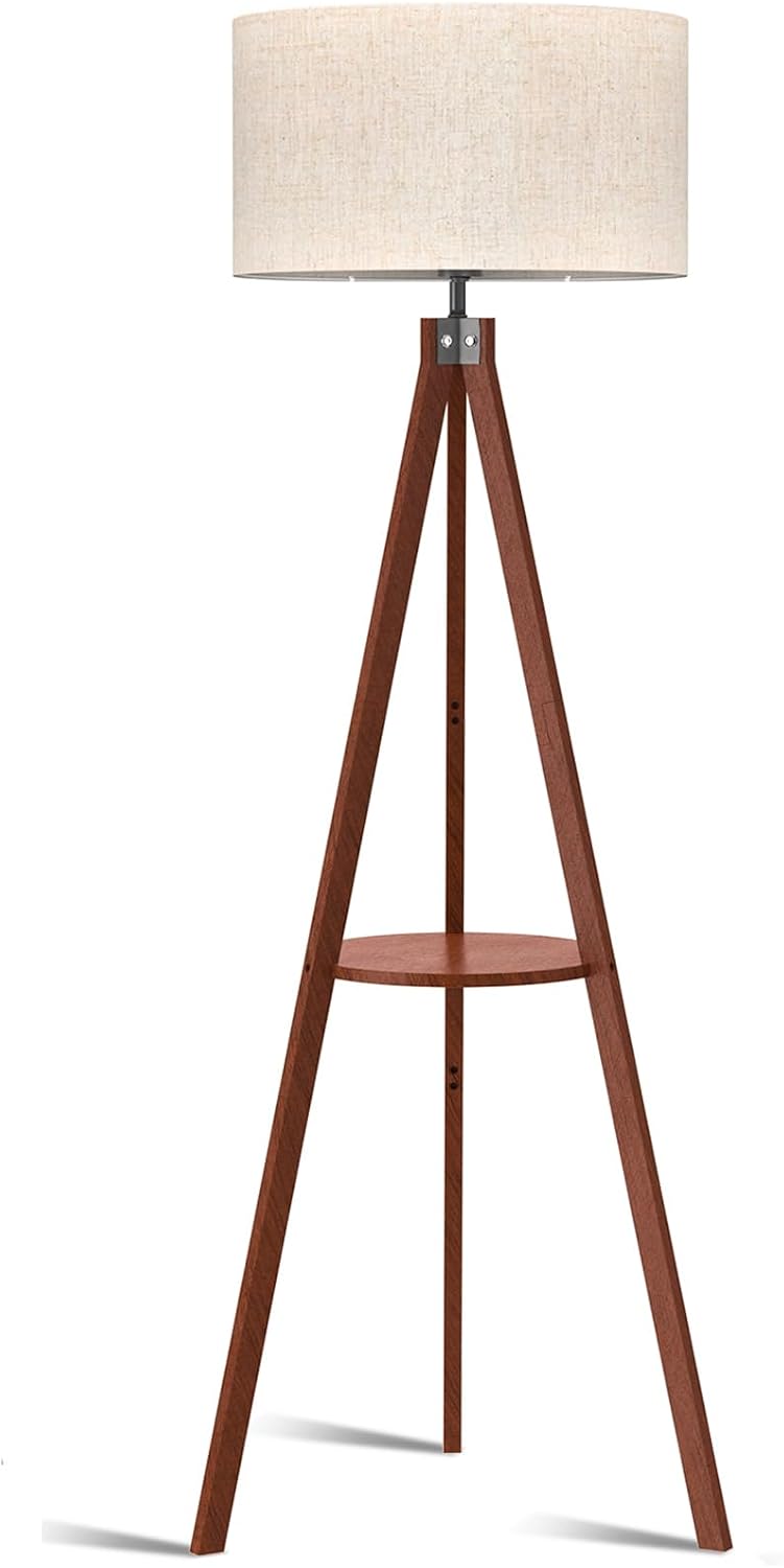 Mid‑Century Tripod Shelf Floor Lamp with Linen Shade