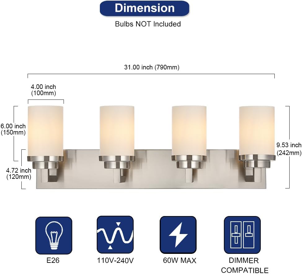 Brushed‑Nickel 4‑Light Bathroom Vanity Wall Sconce