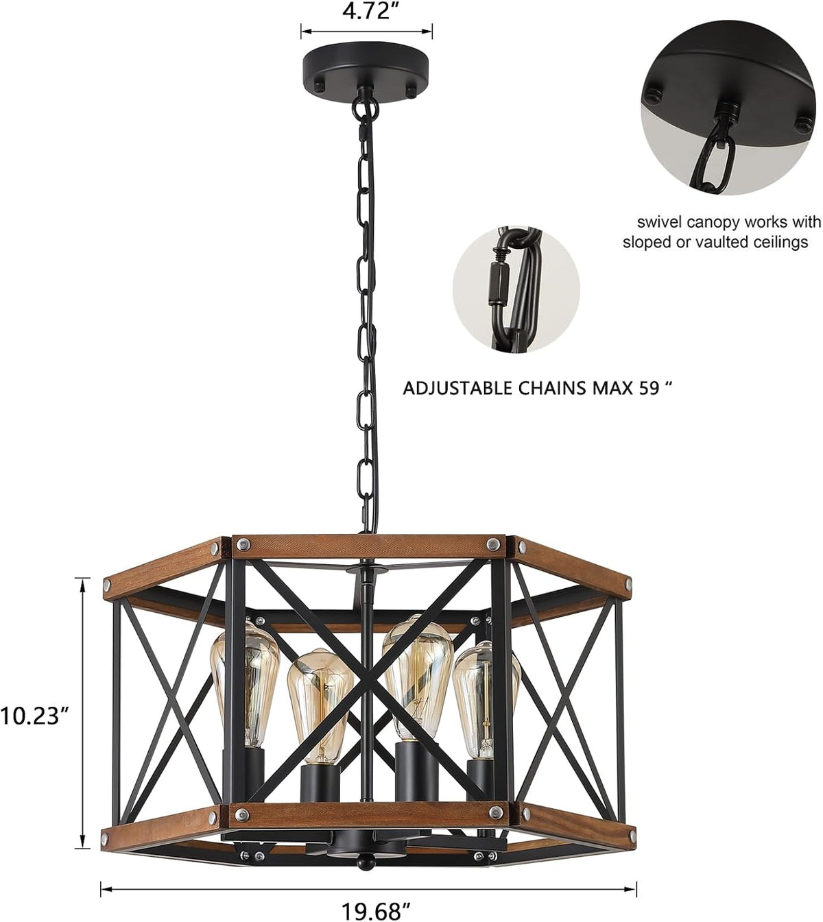Black Farmhouse 4‑Light Wood Cage Pendant Light
