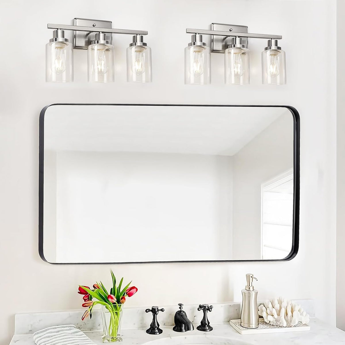Brushed‑Nickel 3‑Light Clear‑Glass Bathroom Vanity Light