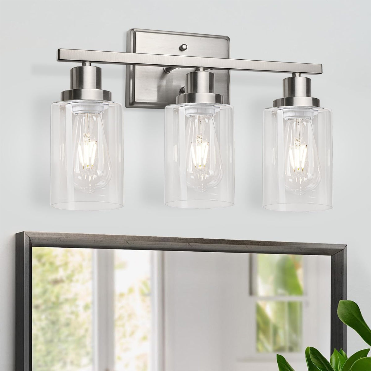 Brushed‑Nickel 3‑Light Clear‑Glass Bathroom Vanity Light