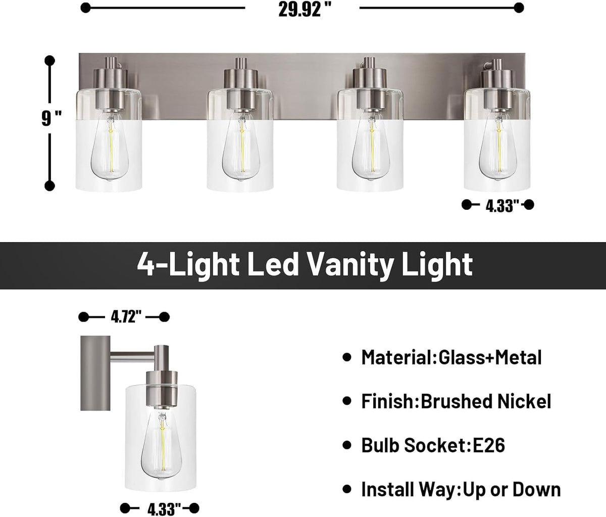 Brushed‑Nickel 4‑Light Bathroom Vanity Light with Clear Glass