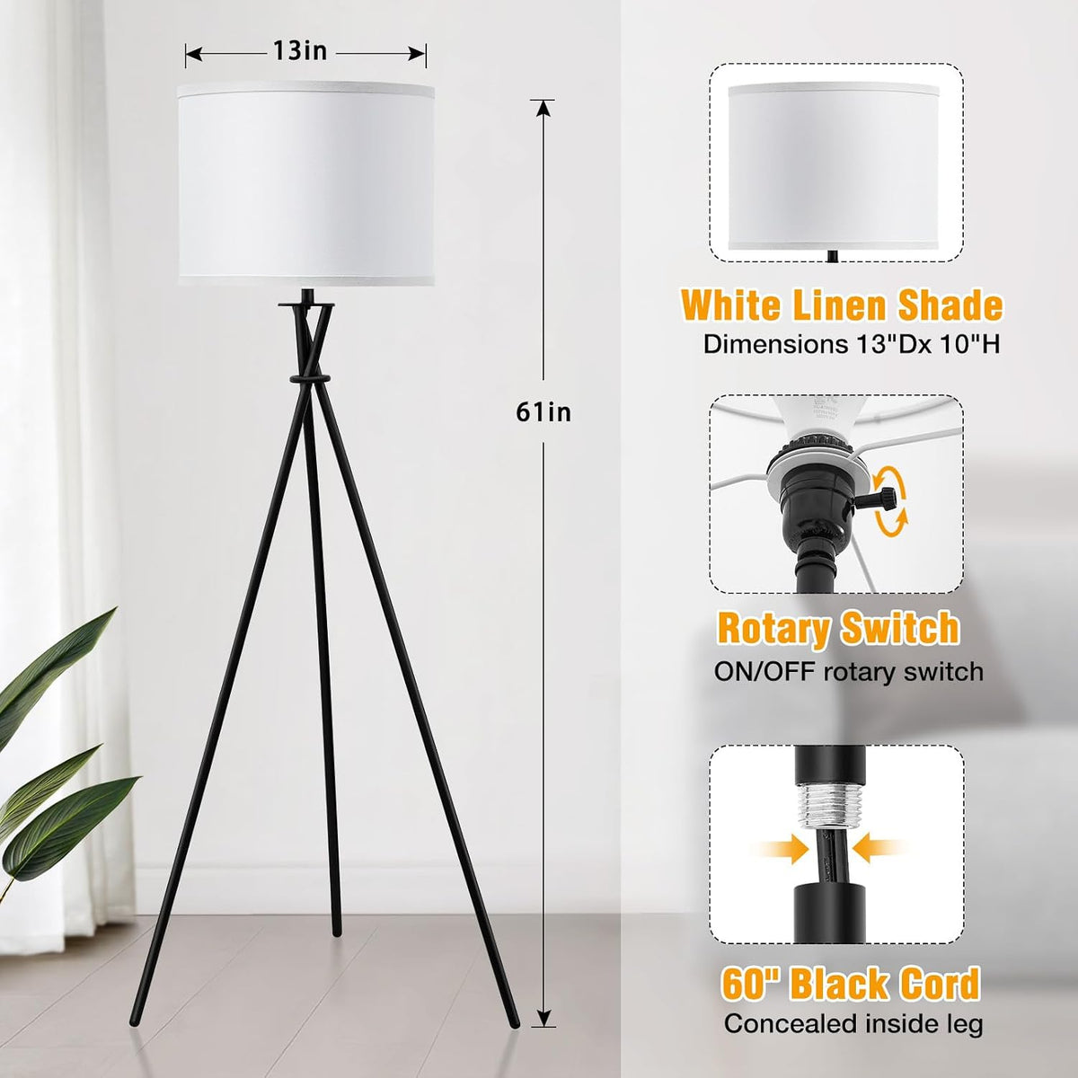 Black Tripod Modern Floor Lamp with White Shade
