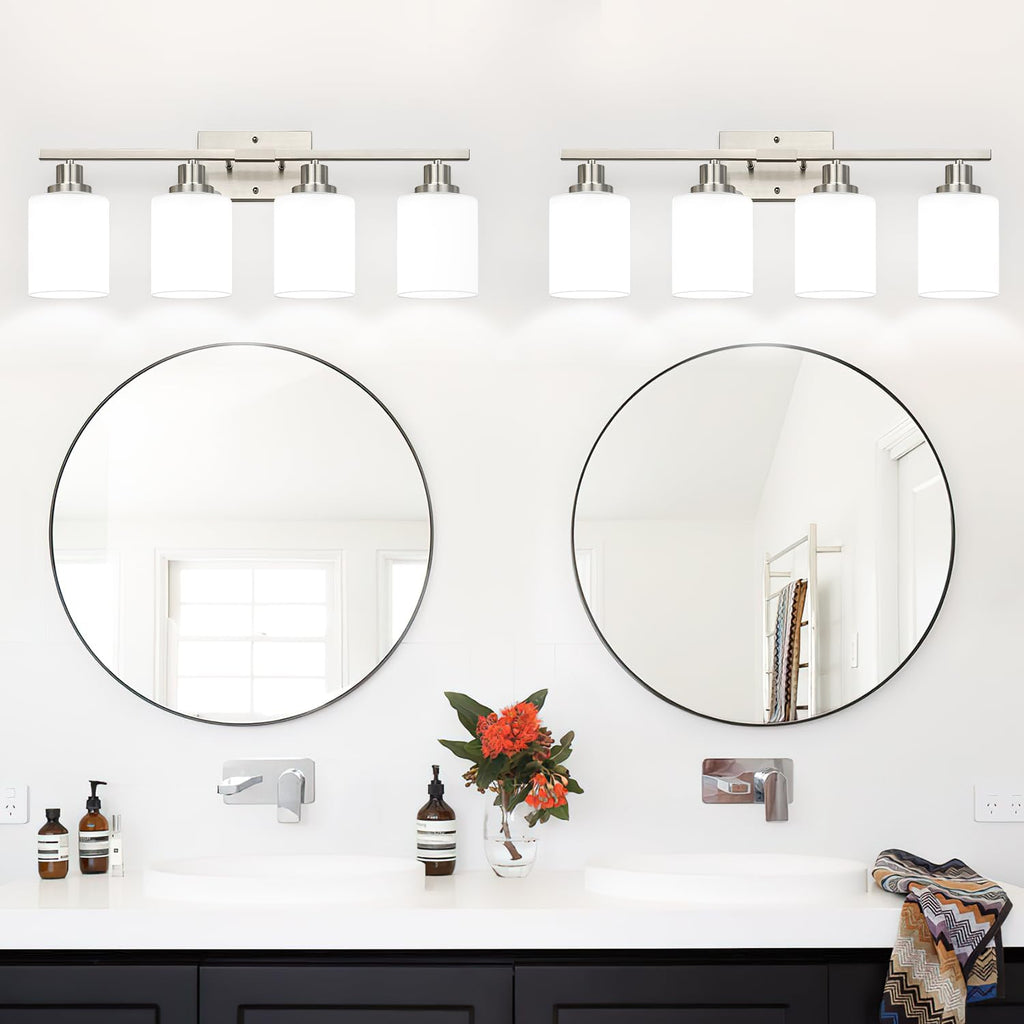Brushed‑Nickel 4‑Light Bathroom Vanity Light with Milky Shades