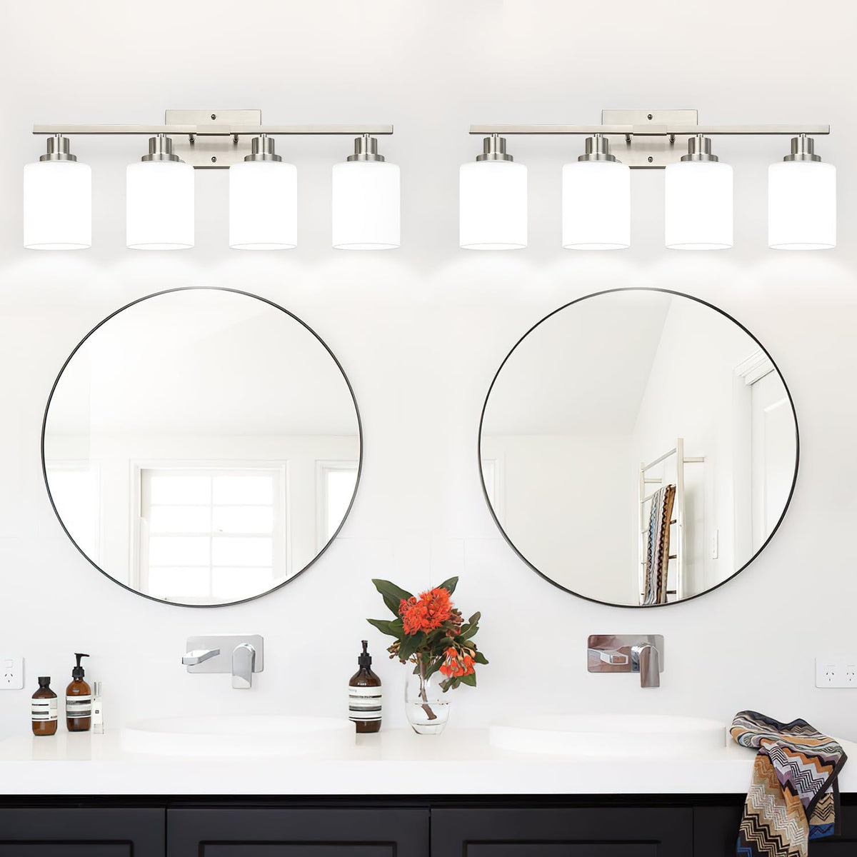 Brushed‑Nickel 4‑Light Bathroom Vanity Light with Milky Shades