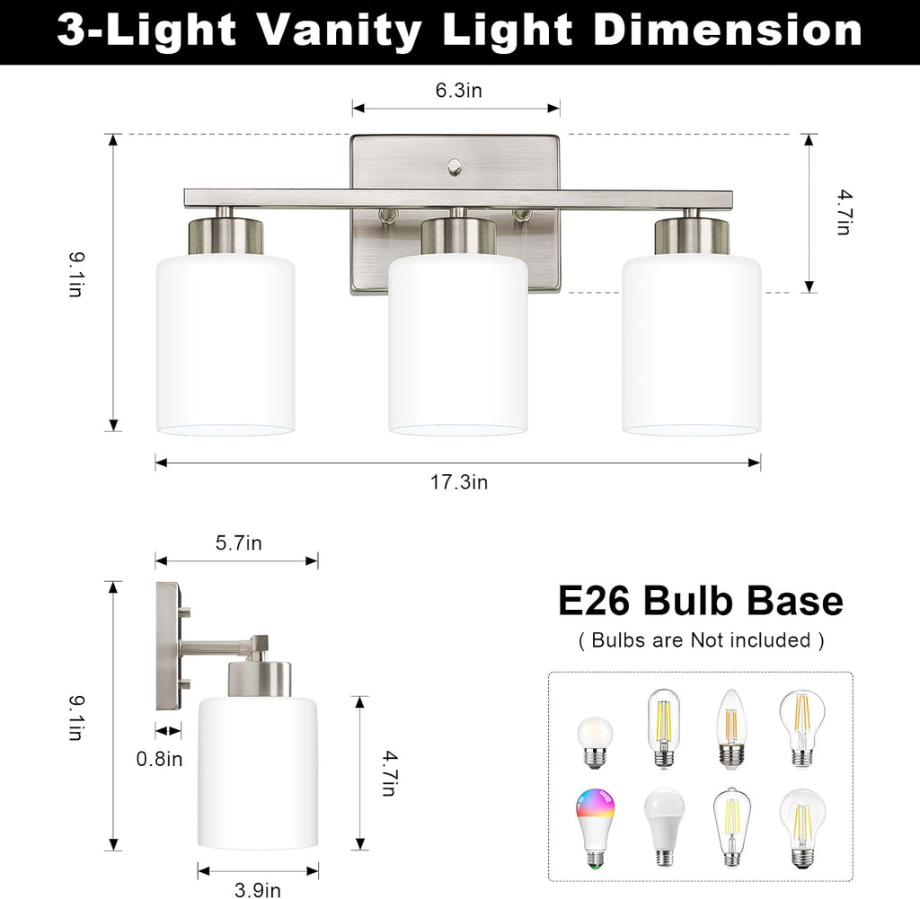 Brushed‑Nickel 3‑Light Frosted‑Glass Bathroom Vanity Light