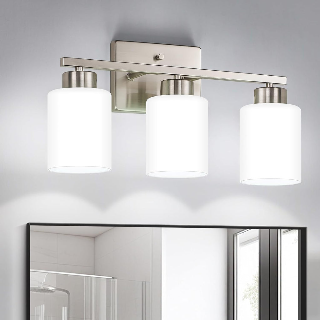 Brushed‑Nickel 3‑Light Frosted‑Glass Bathroom Vanity Light