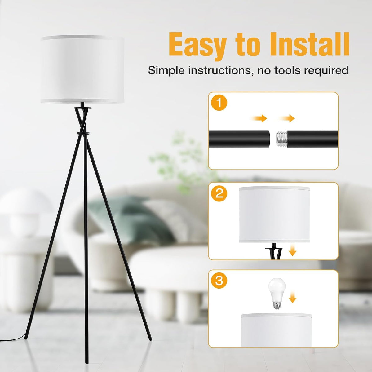 Black Tripod Modern Floor Lamp with White Shade