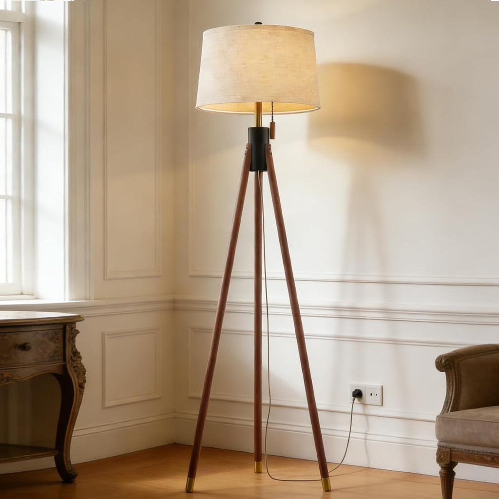 Black & Gold Mid‑Century Tripod Floor Lamp with Linen Shade