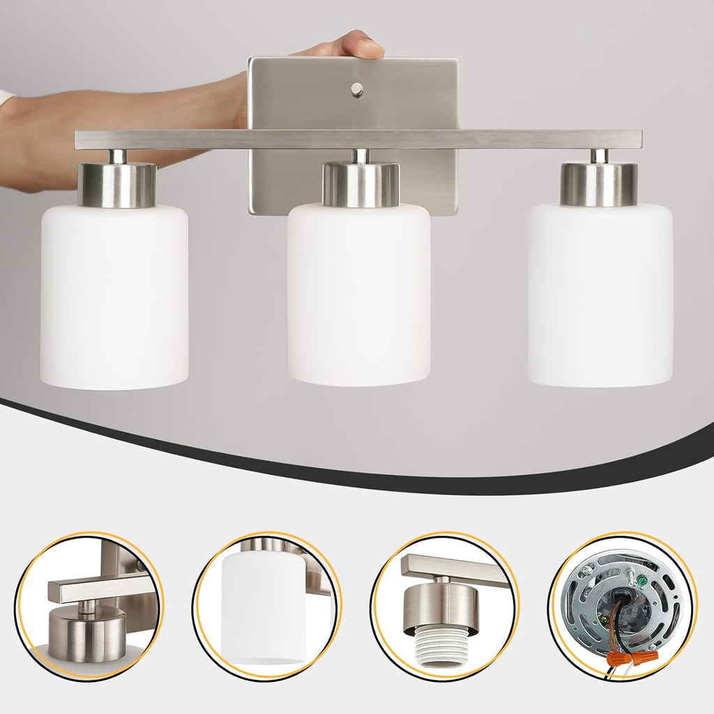 Brushed‑Nickel 3‑Light Frosted‑Glass Bathroom Vanity Light