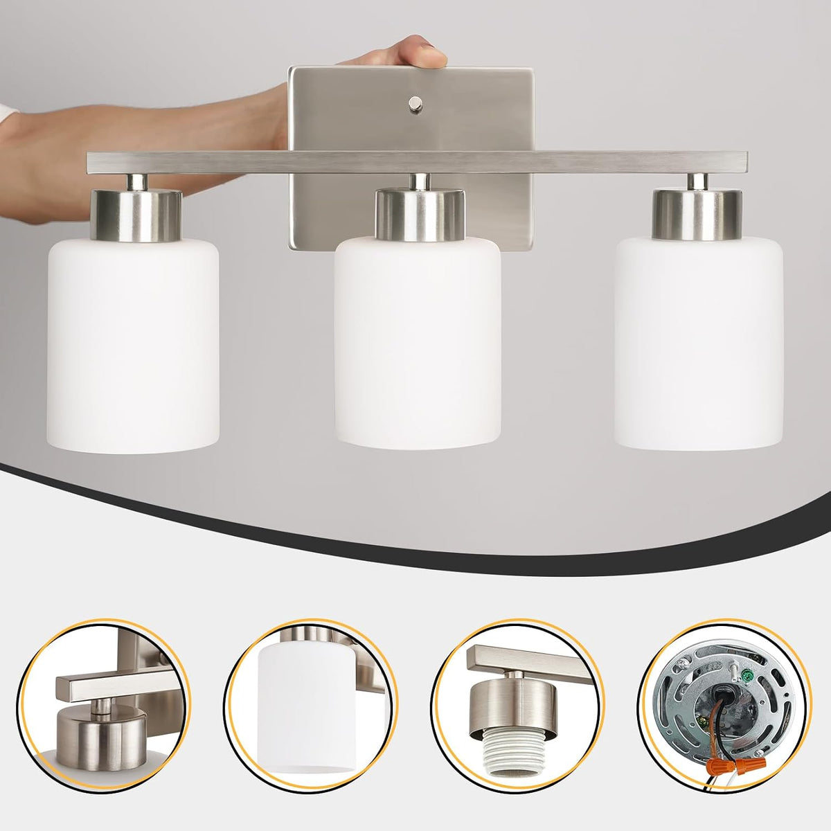 Brushed‑Nickel 3‑Light Frosted‑Glass Bathroom Vanity Light