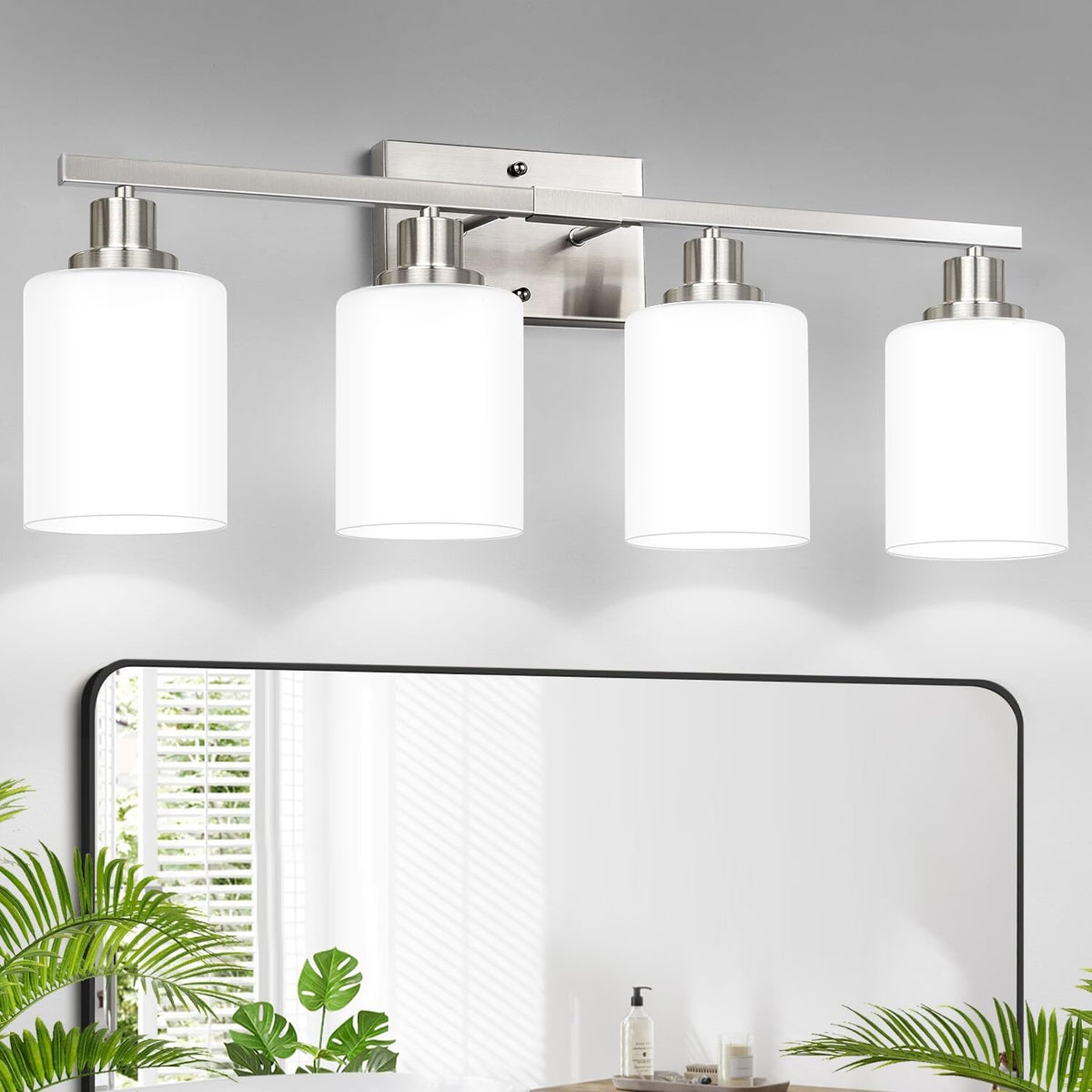 Brushed‑Nickel 4‑Light Bathroom Vanity Light with Milky Shades