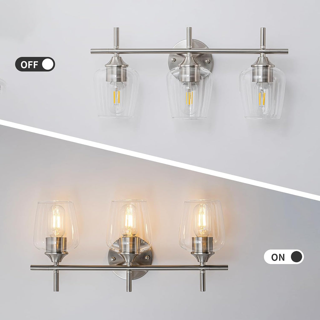 Brushed‑Nickel 3‑Light Clear‑Glass Bathroom Vanity Light
