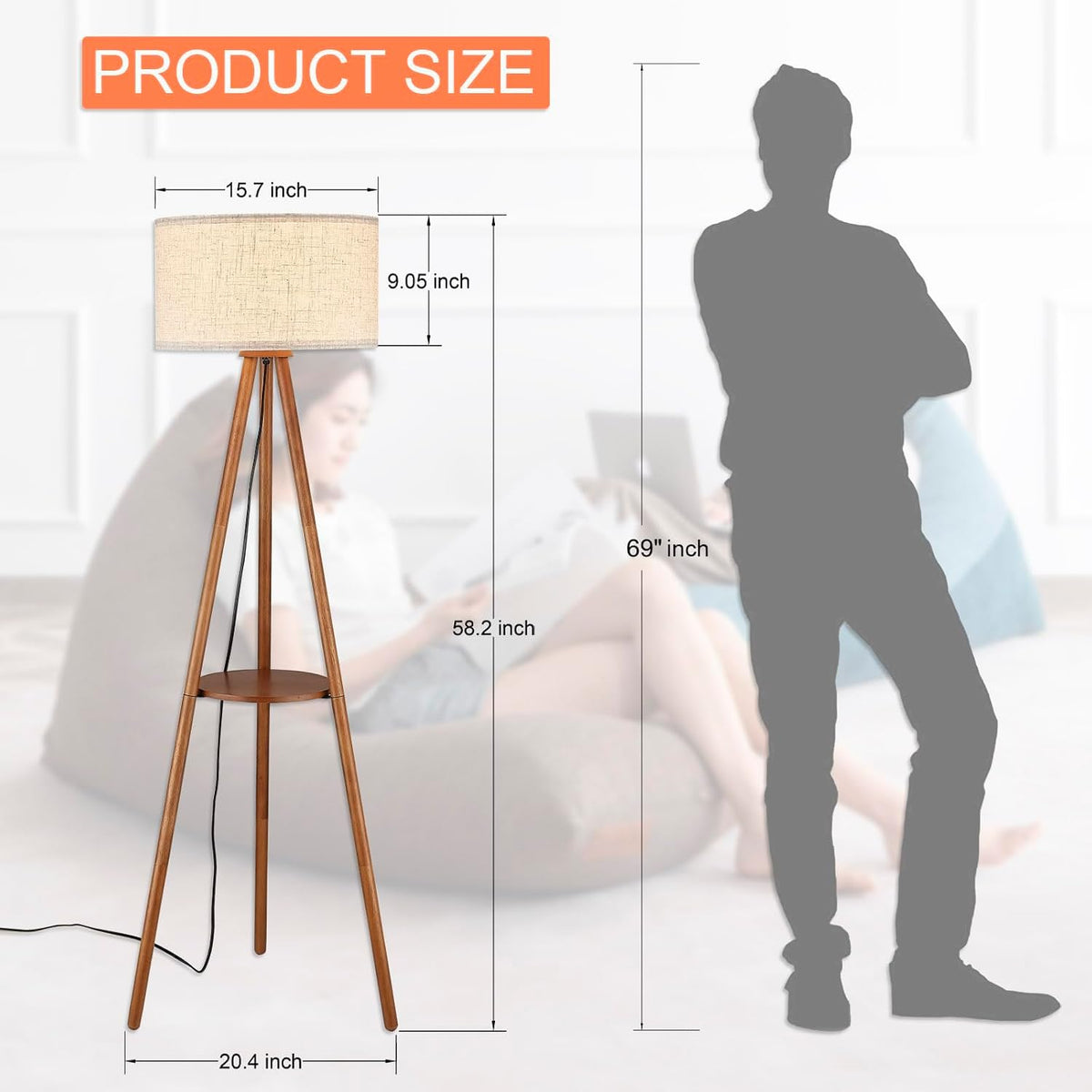 Farmhouse Wood Tripod Floor Lamp with Drum Shade