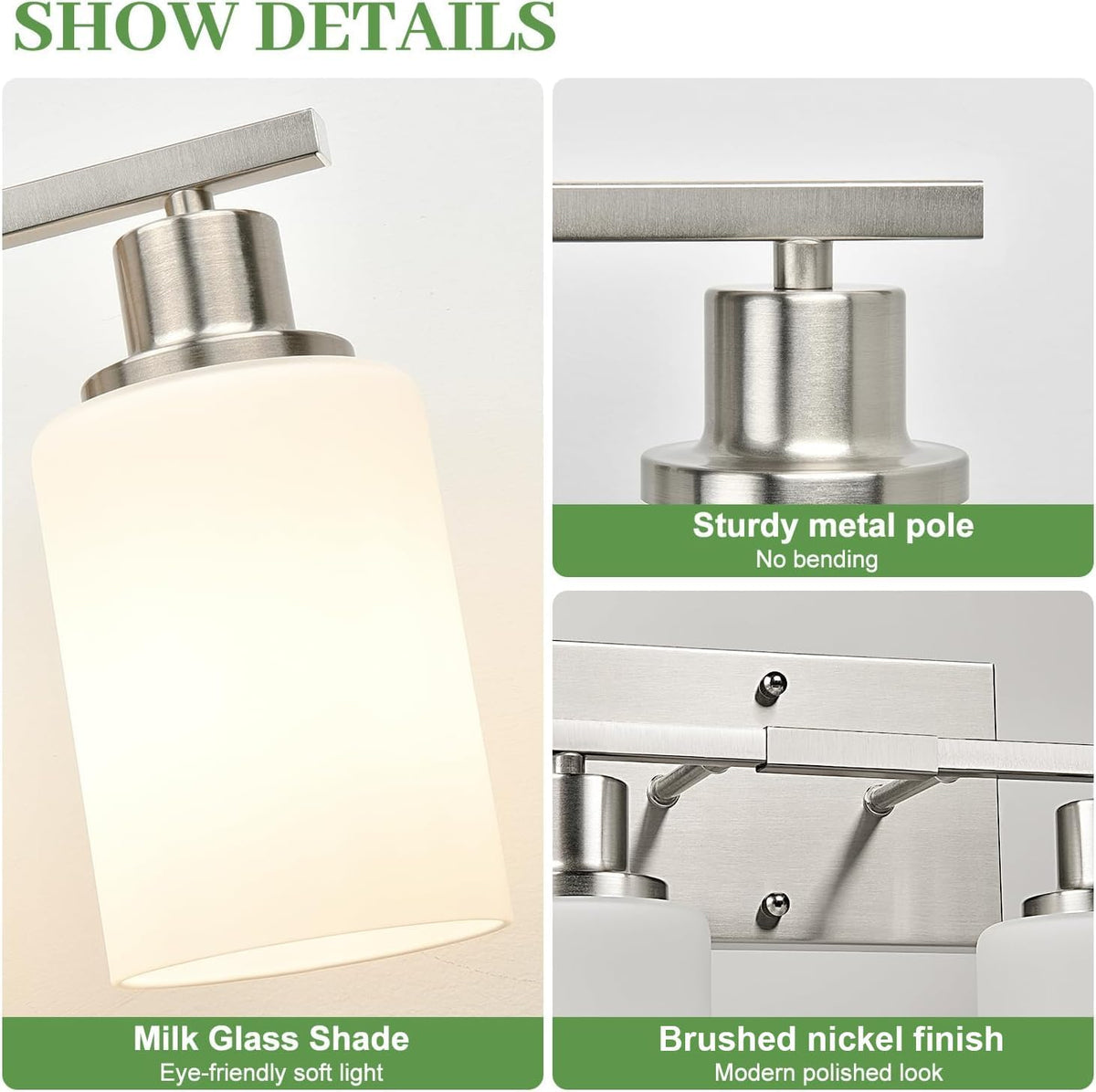 Brushed‑Nickel 4‑Light Bathroom Vanity Light with Milky Shades