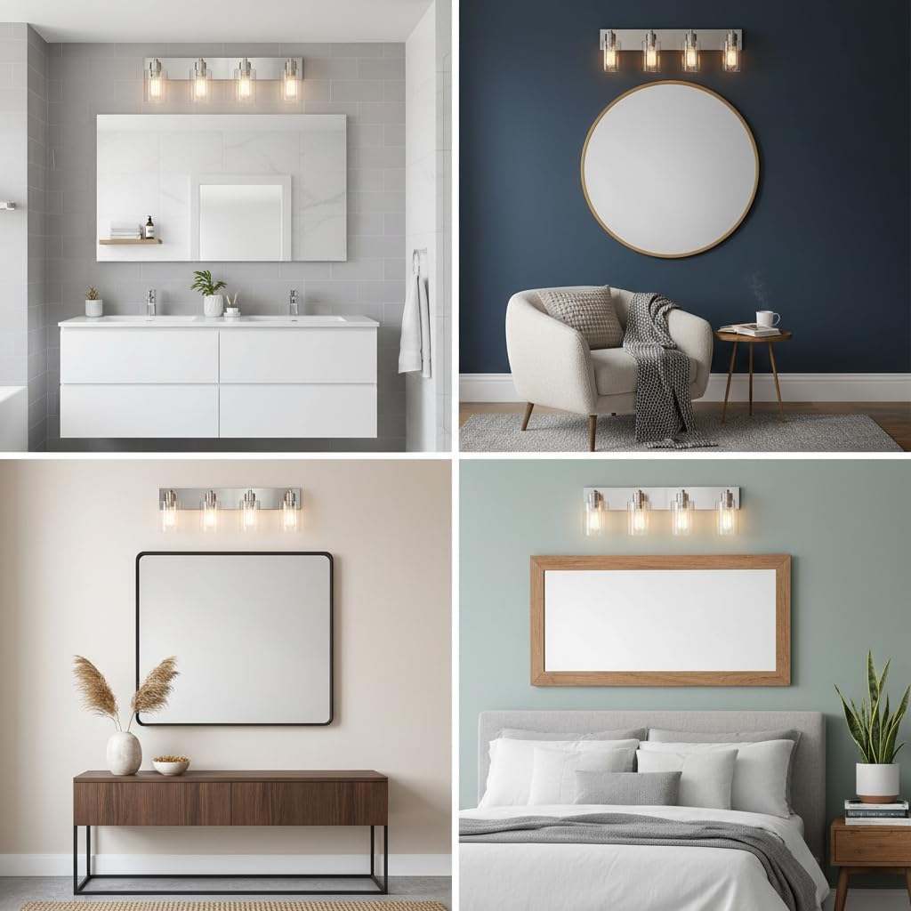 Brushed‑Nickel 4‑Light Bathroom Vanity Light with Clear Glass