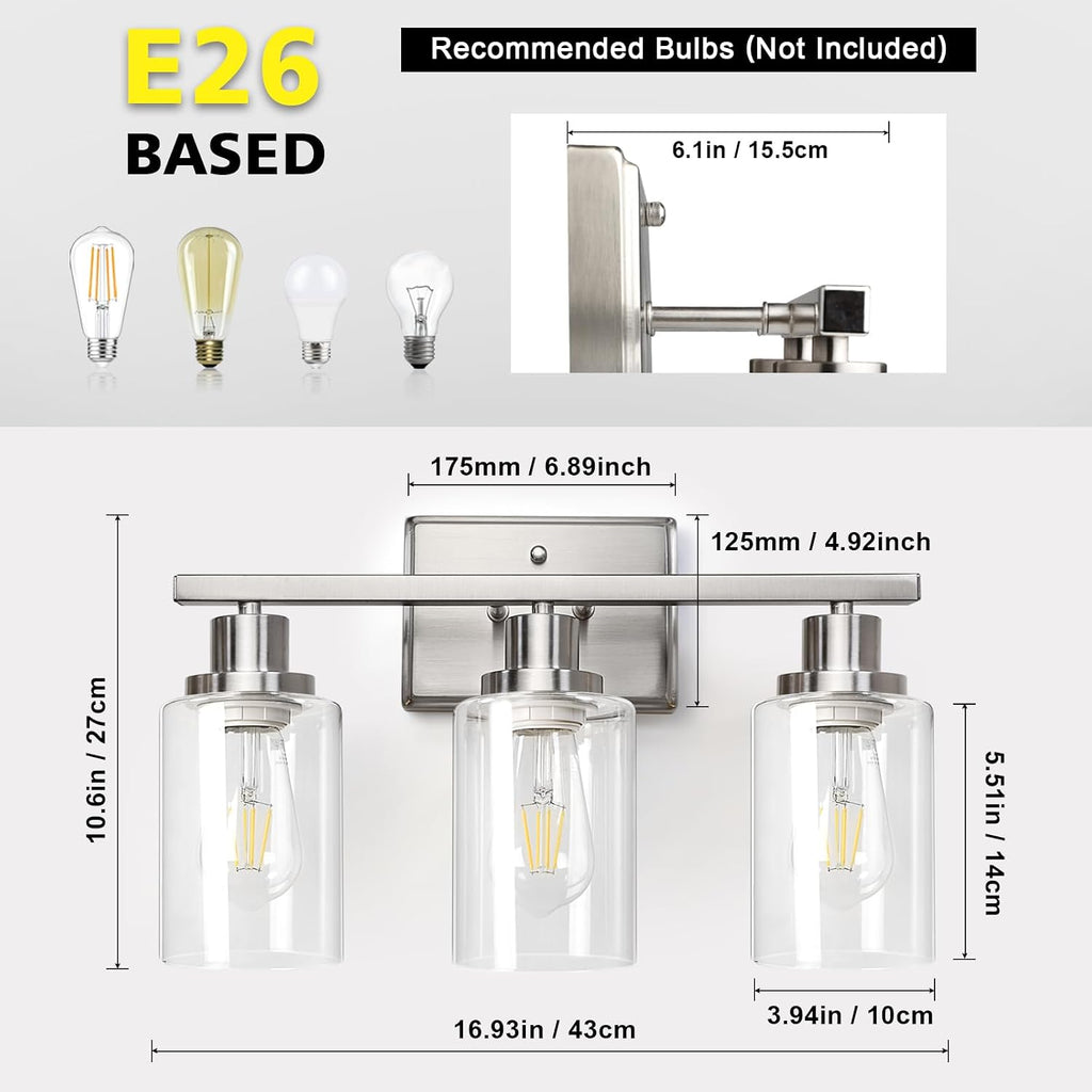 Brushed‑Nickel 3‑Light Clear‑Glass Bathroom Vanity Light
