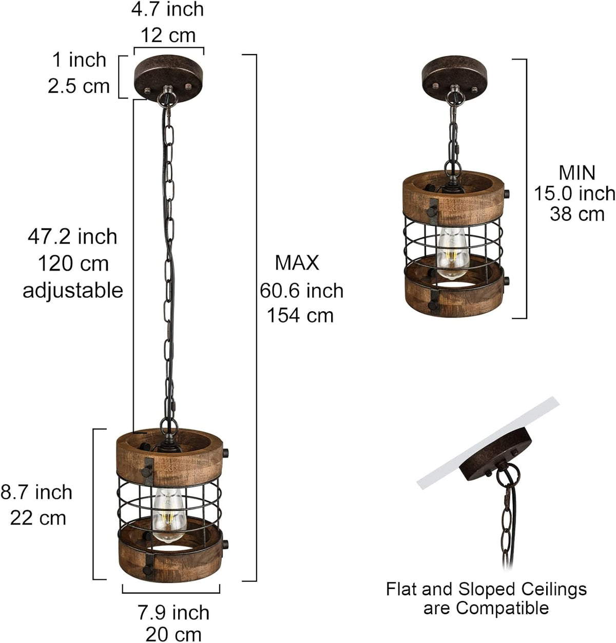 Retro‑Industrial 1‑Light Wood‑Metal Cage Pendant Light