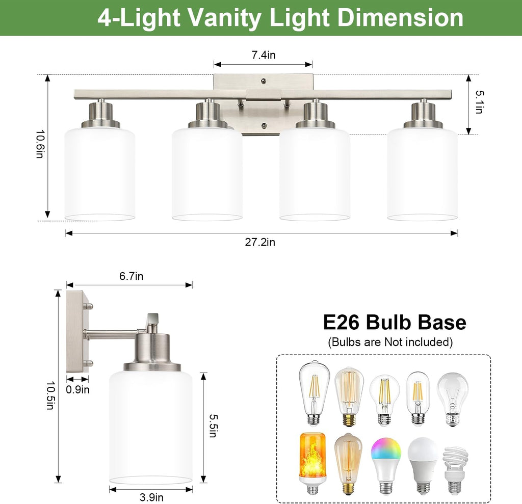 Brushed‑Nickel 4‑Light Bathroom Vanity Light with Milky Shades