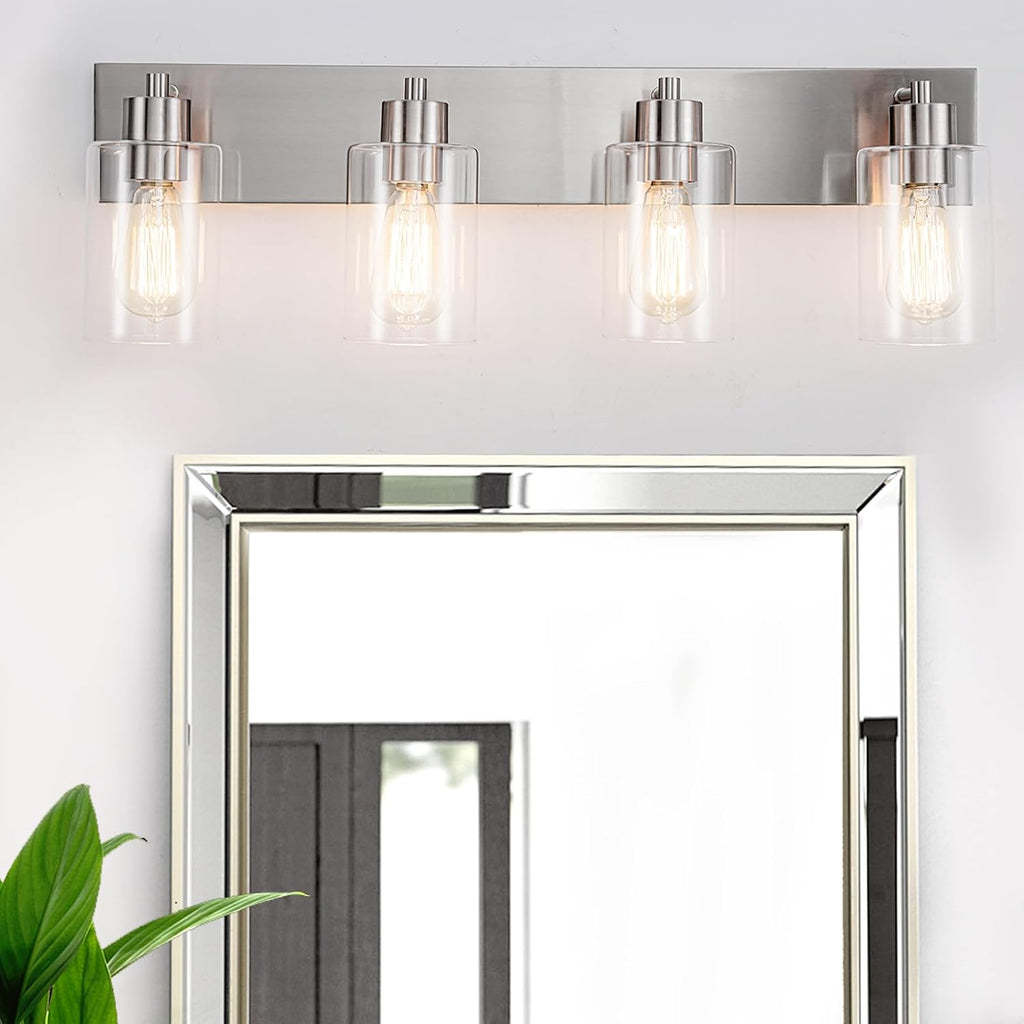 Brushed‑Nickel 4‑Light Bathroom Vanity Light with Clear Glass