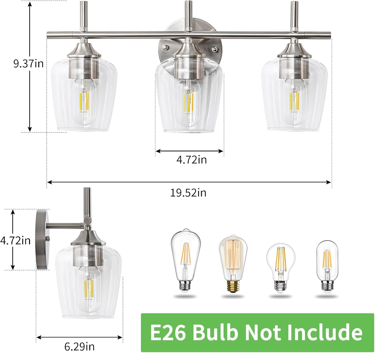 Brushed‑Nickel 3‑Light Clear‑Glass Bathroom Vanity Light