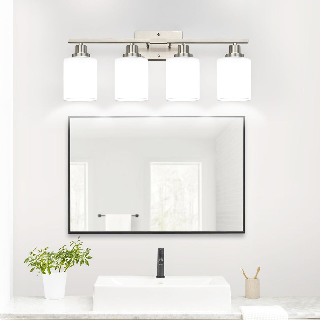 Brushed‑Nickel 4‑Light Bathroom Vanity Light with Milky Shades