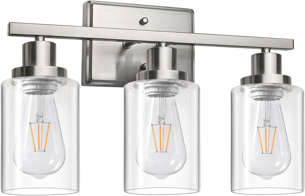 Brushed‑Nickel 3‑Light Clear‑Glass Bathroom Vanity Light