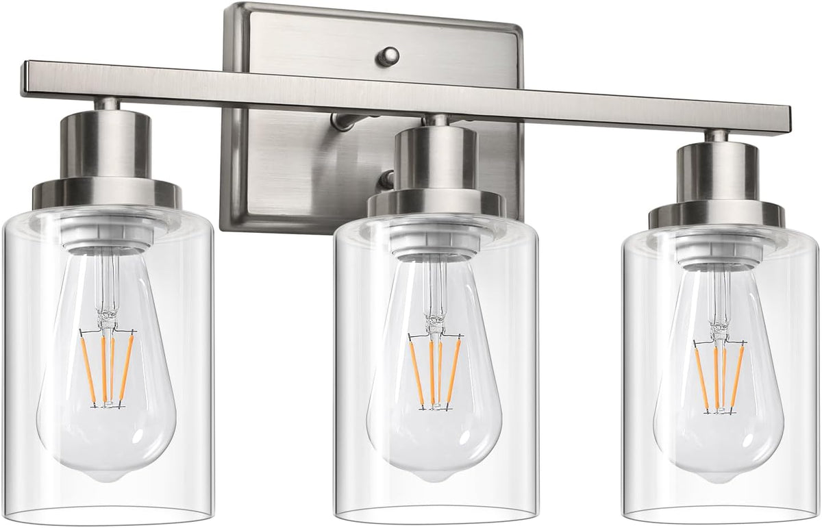 Brushed‑Nickel 3‑Light Clear‑Glass Bathroom Vanity Light