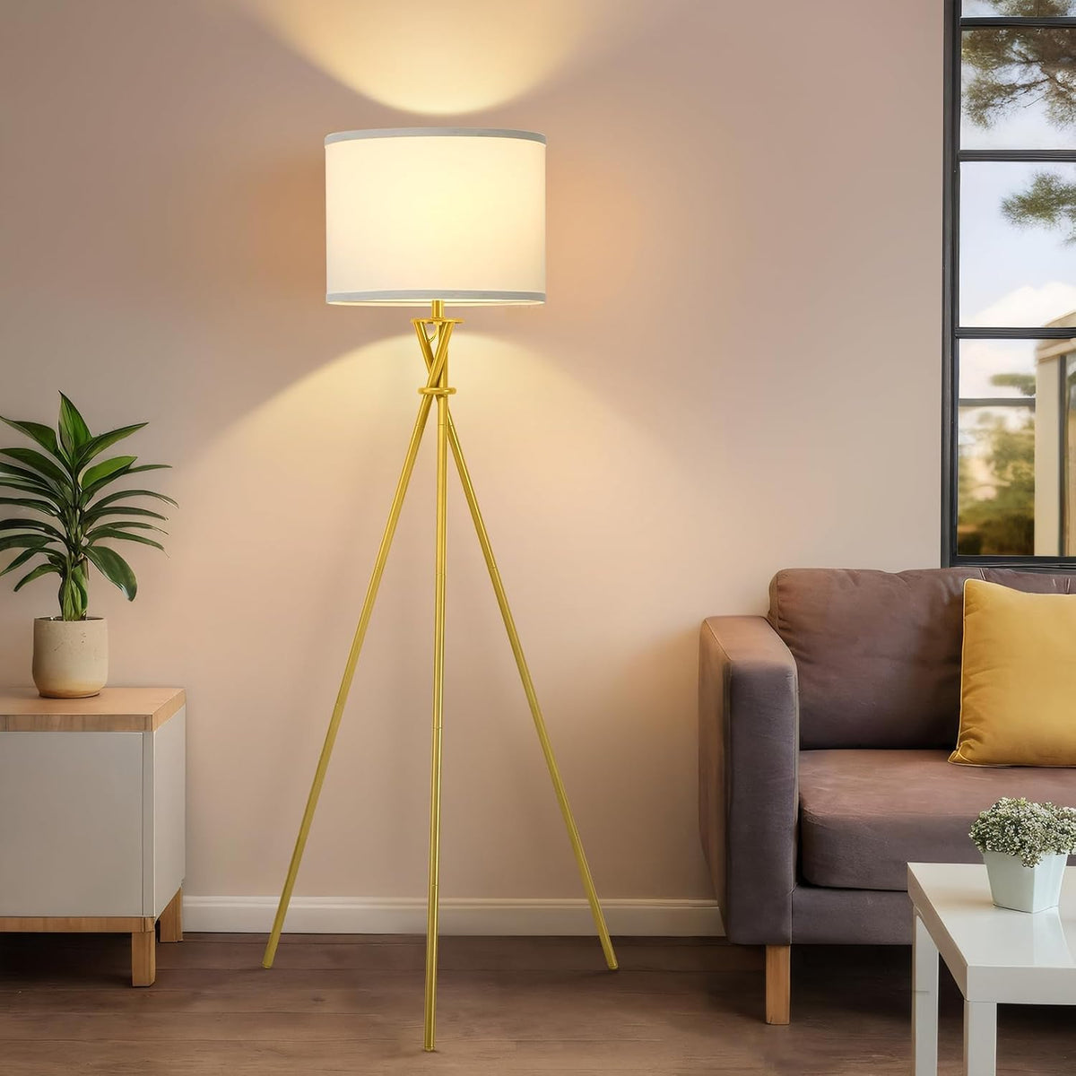 Gold Tripod Modern Floor Lamp with White Shade