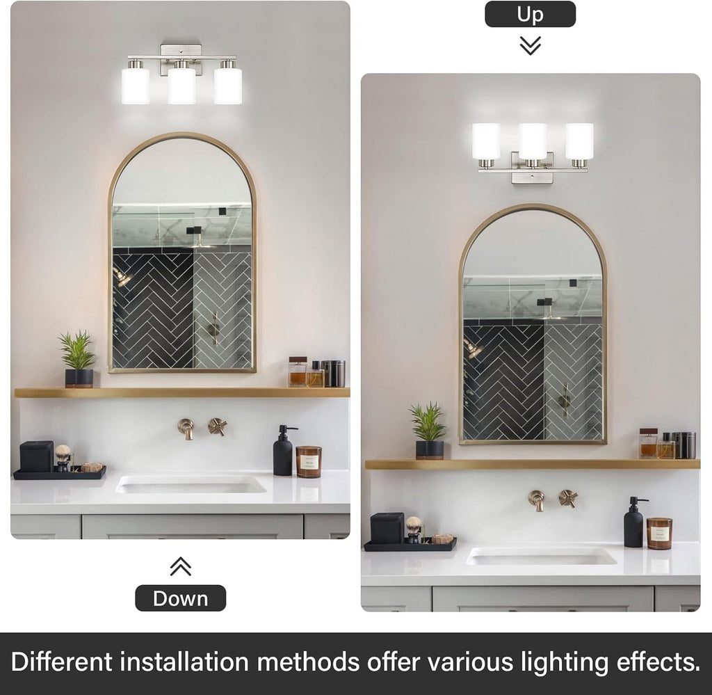 Brushed‑Nickel 3‑Light Frosted‑Glass Bathroom Vanity Light
