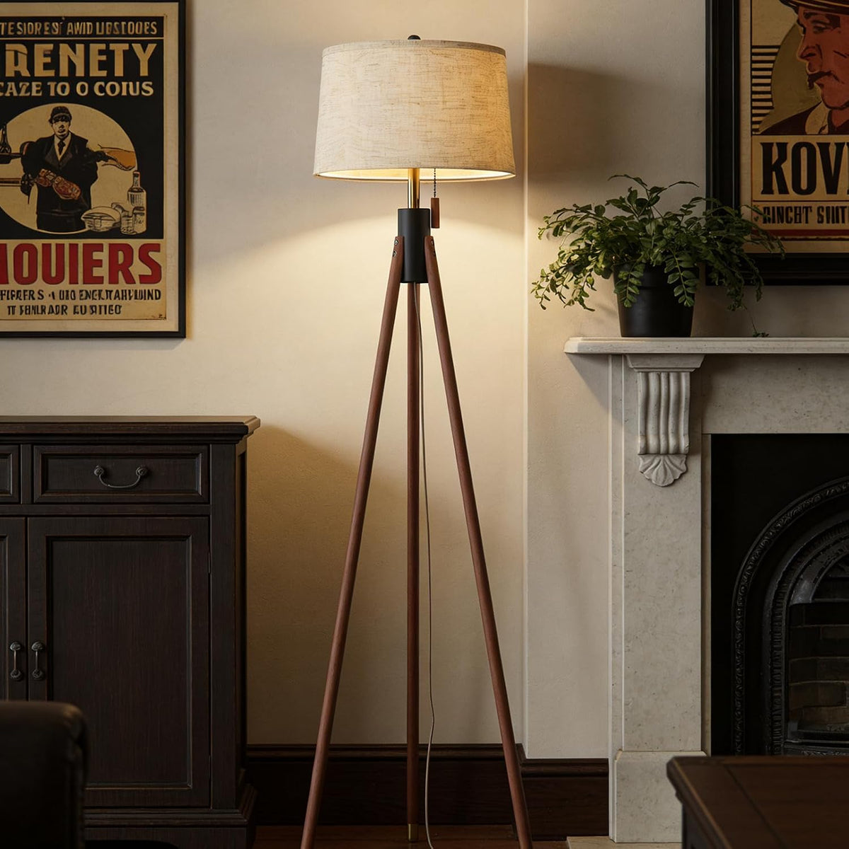 Black & Gold Mid‑Century Tripod Floor Lamp with Linen Shade