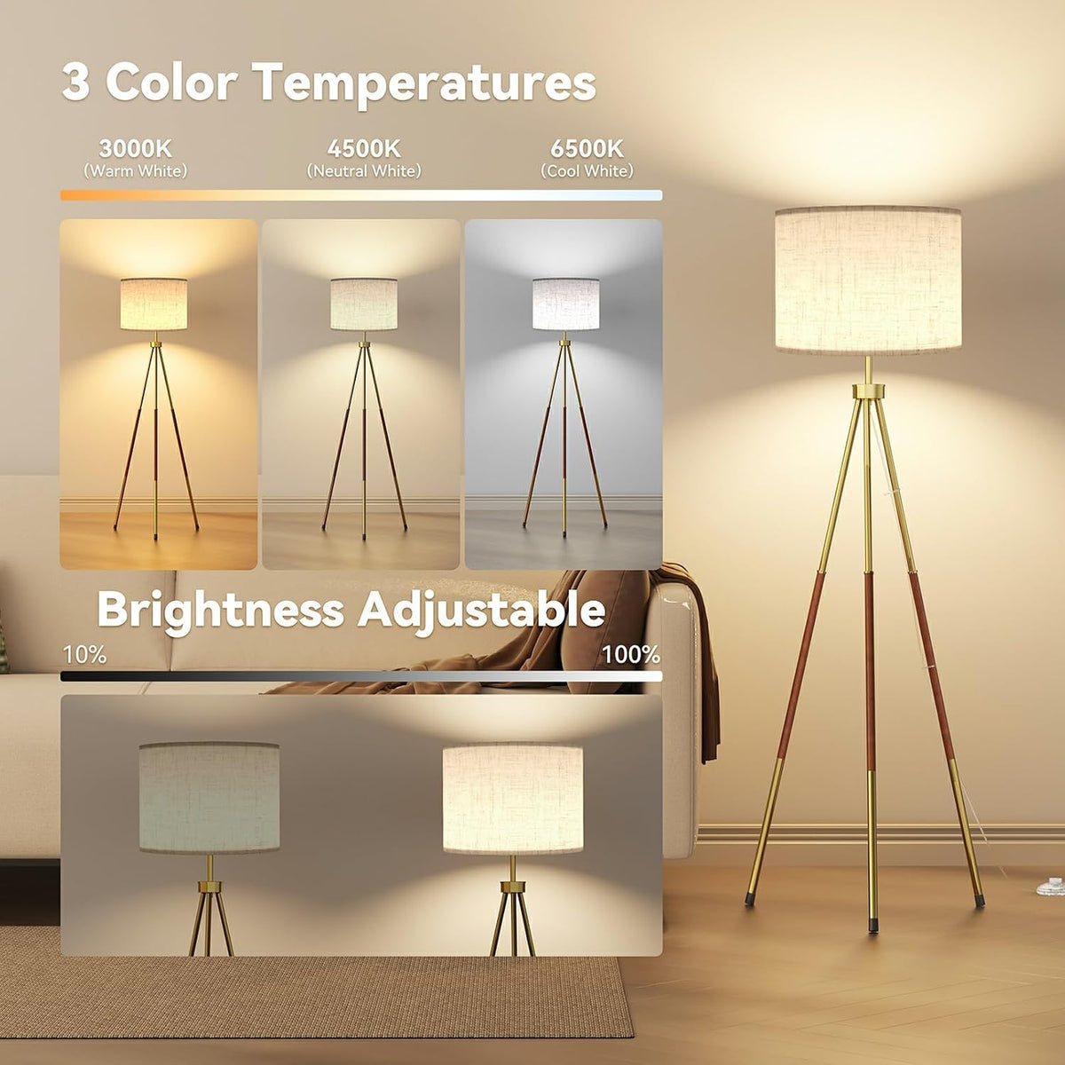 Mid‑Century Wood Tripod Dimmable Floor Lamp