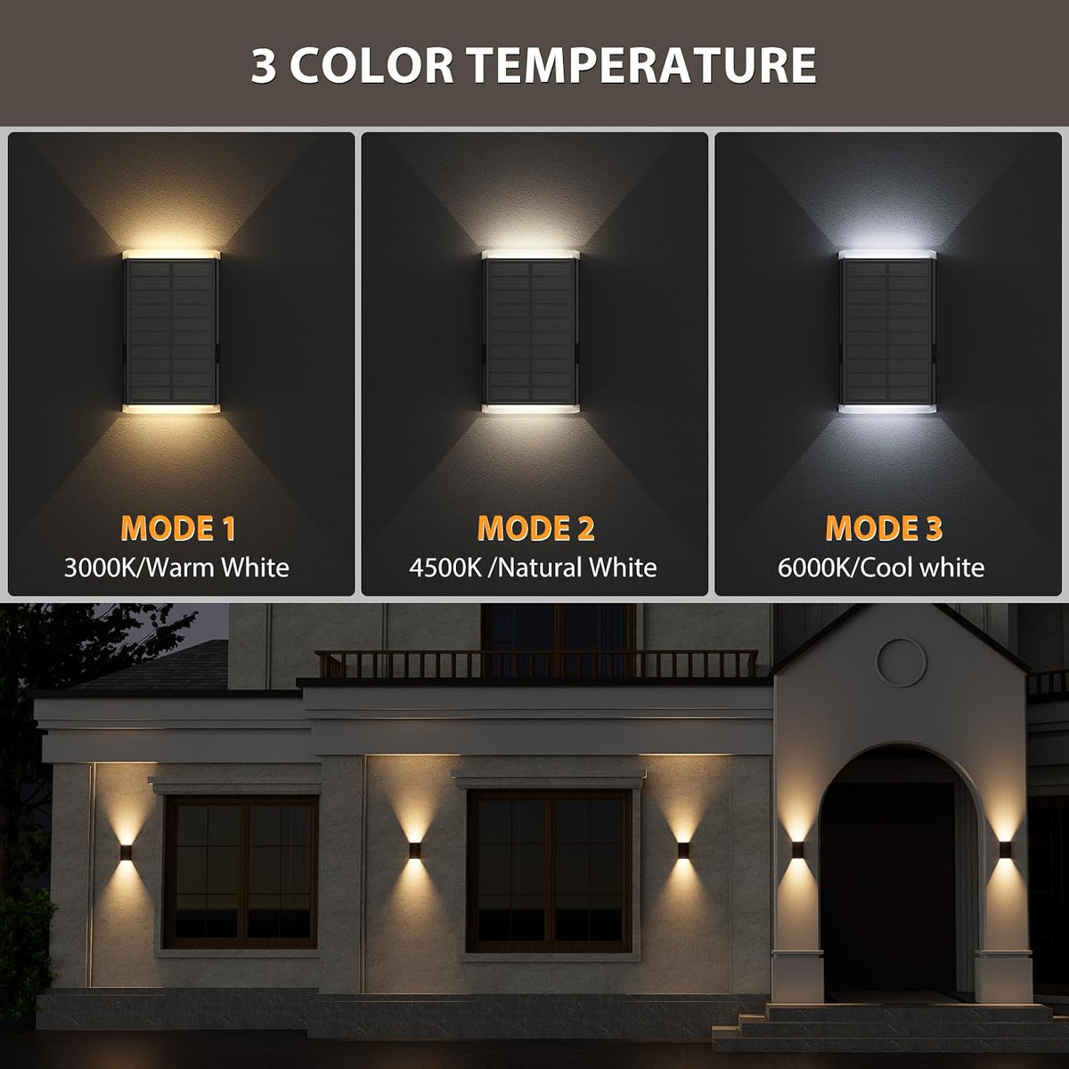 2‑Pack Up‑Down 3‑Color‑Mode Solar Outdoor Wall Sconces