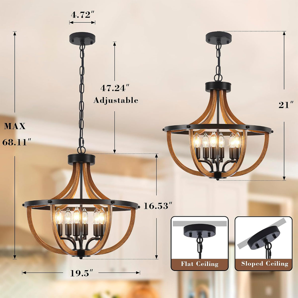 Vintage Farmhouse 6‑Light Wood Cage Pendant Chandelier