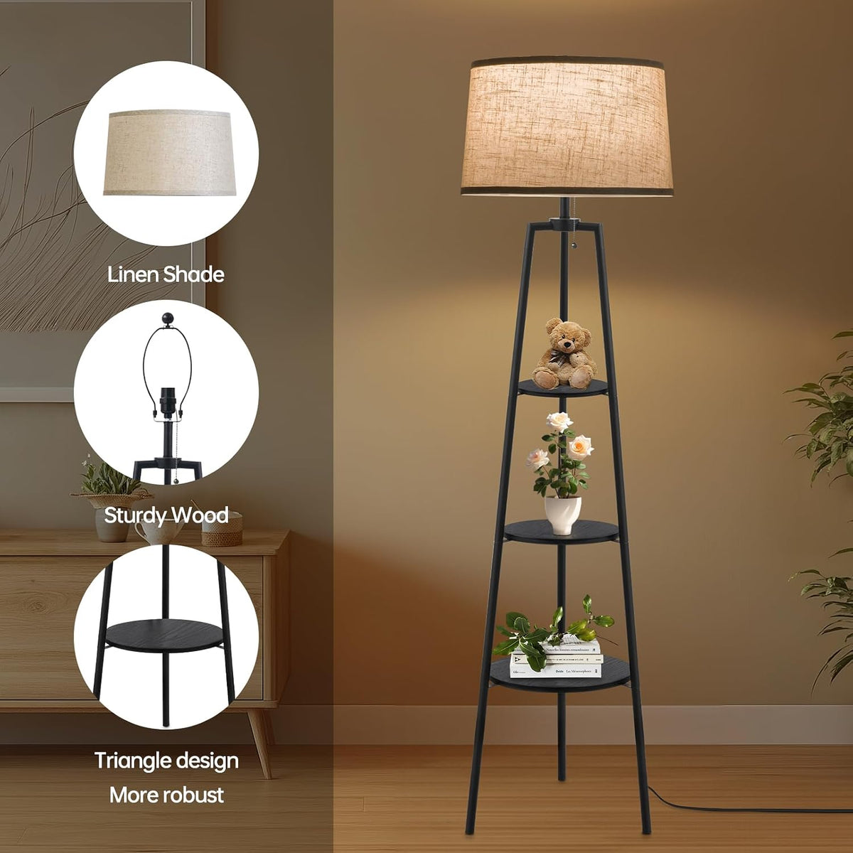 Black 3‑Tier Shelf Modern Floor Lamp