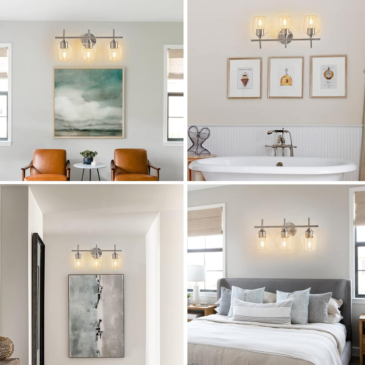 Brushed‑Nickel 3‑Light Clear‑Glass Bathroom Vanity Light