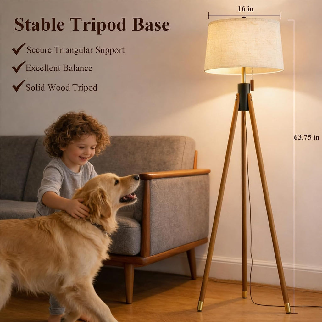Black & Gold Mid‑Century Tripod Floor Lamp with Linen Shade