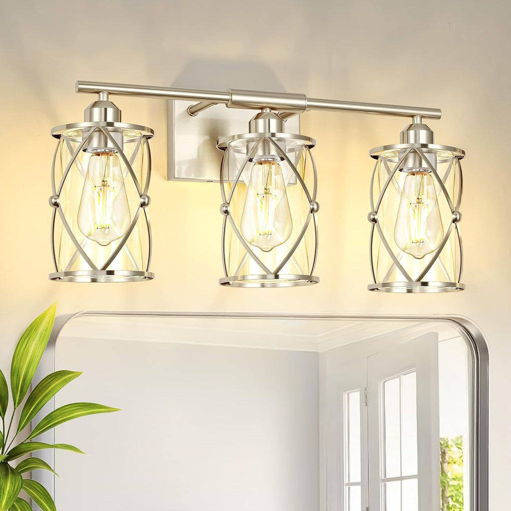 Brushed‑Nickel 3‑Light Cage‑Glass Bathroom Vanity Light