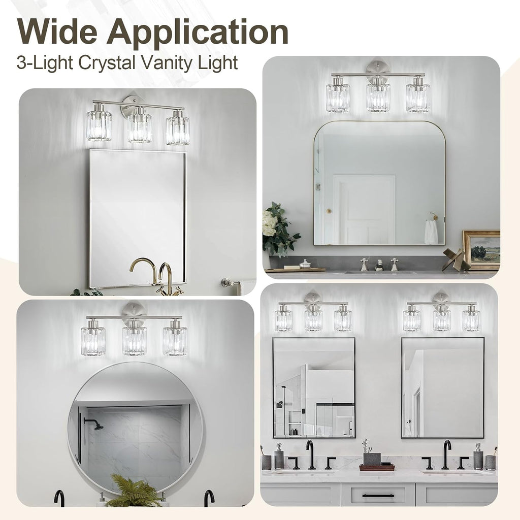 Brushed‑Nickel 3‑Light Crystal Bathroom Vanity Light