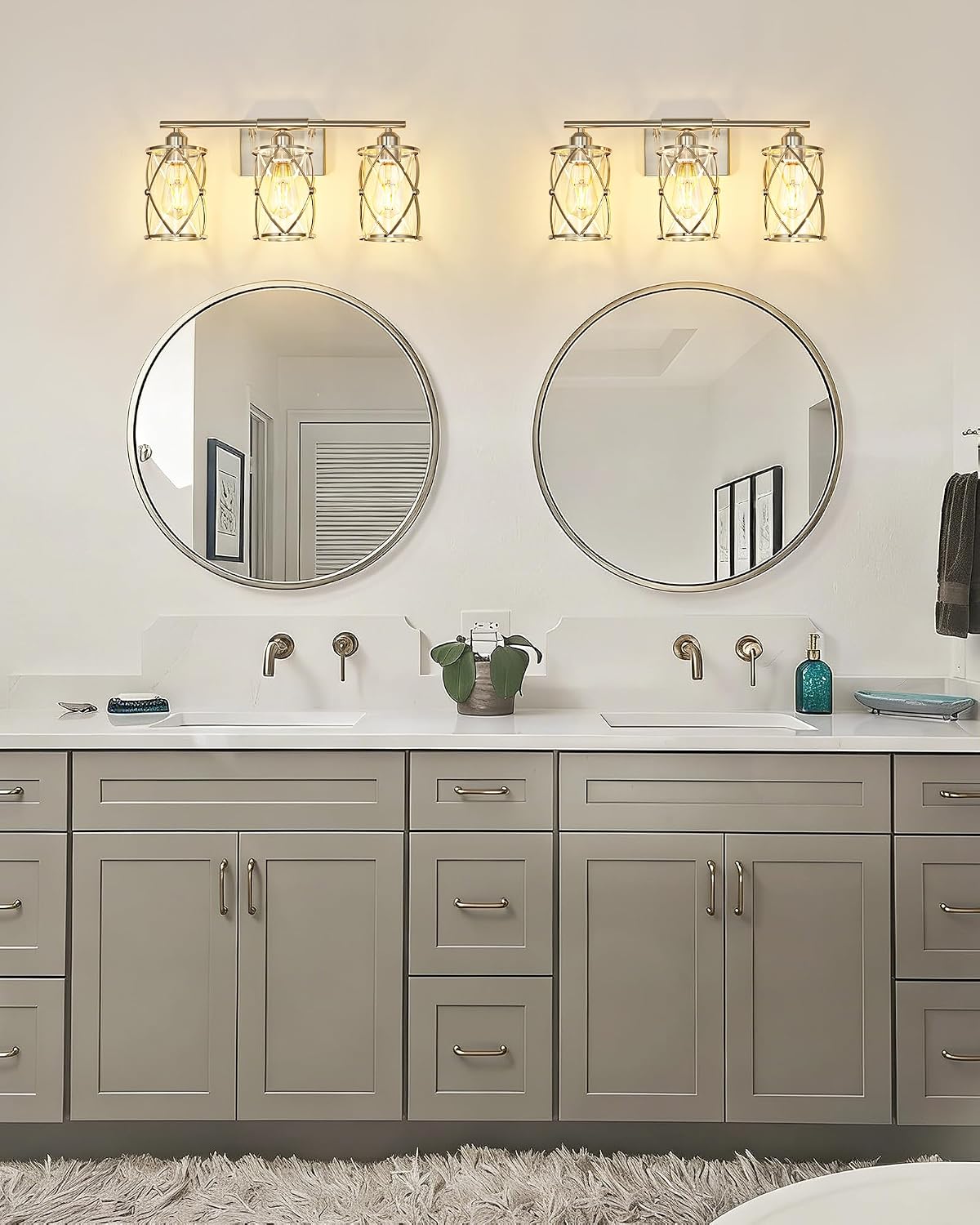 Brushed‑Nickel 3‑Light Cage‑Glass Bathroom Vanity Light