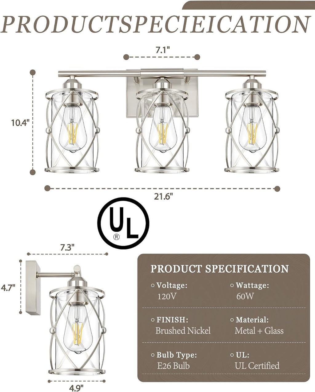Brushed‑Nickel 3‑Light Cage‑Glass Bathroom Vanity Light