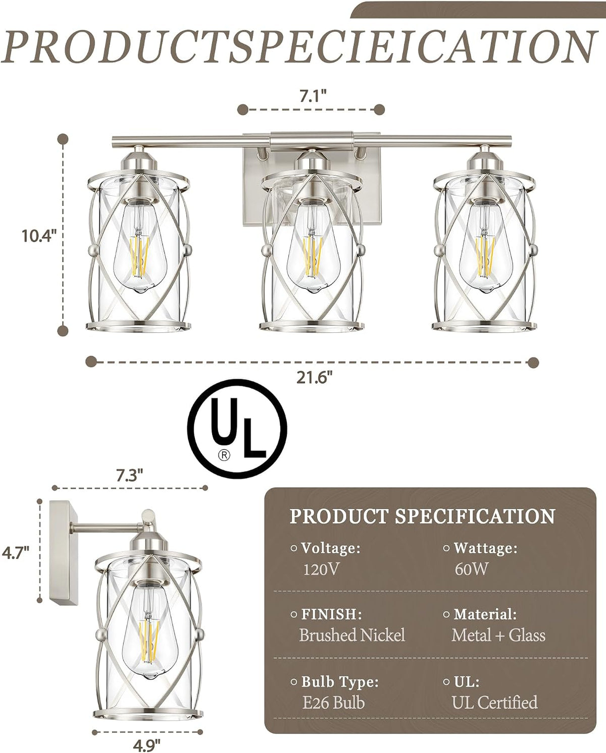 Brushed‑Nickel 3‑Light Cage‑Glass Bathroom Vanity Light