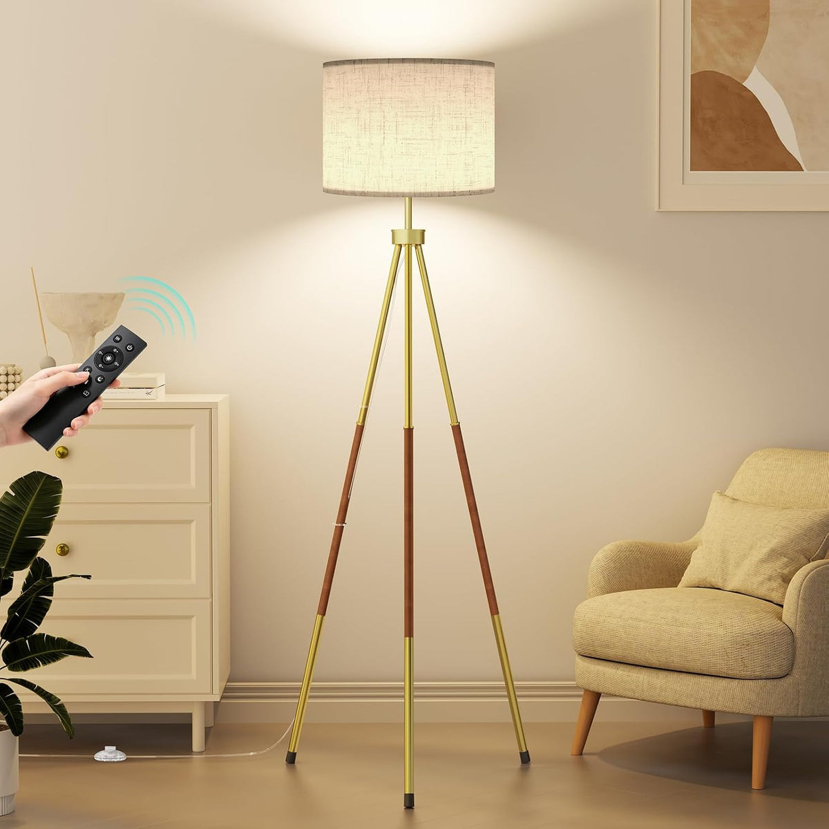 Mid‑Century Wood Tripod Dimmable Floor Lamp