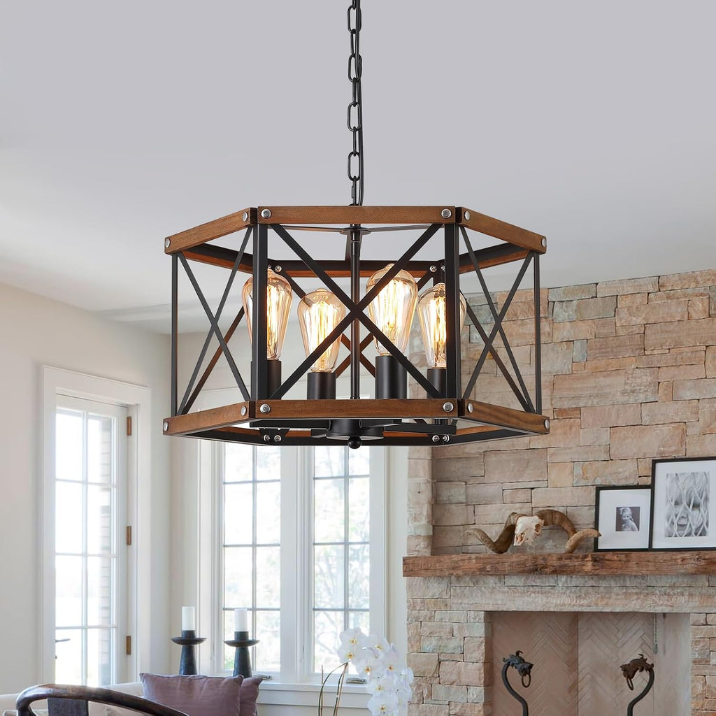 Black Farmhouse 4‑Light Wood Cage Pendant Light