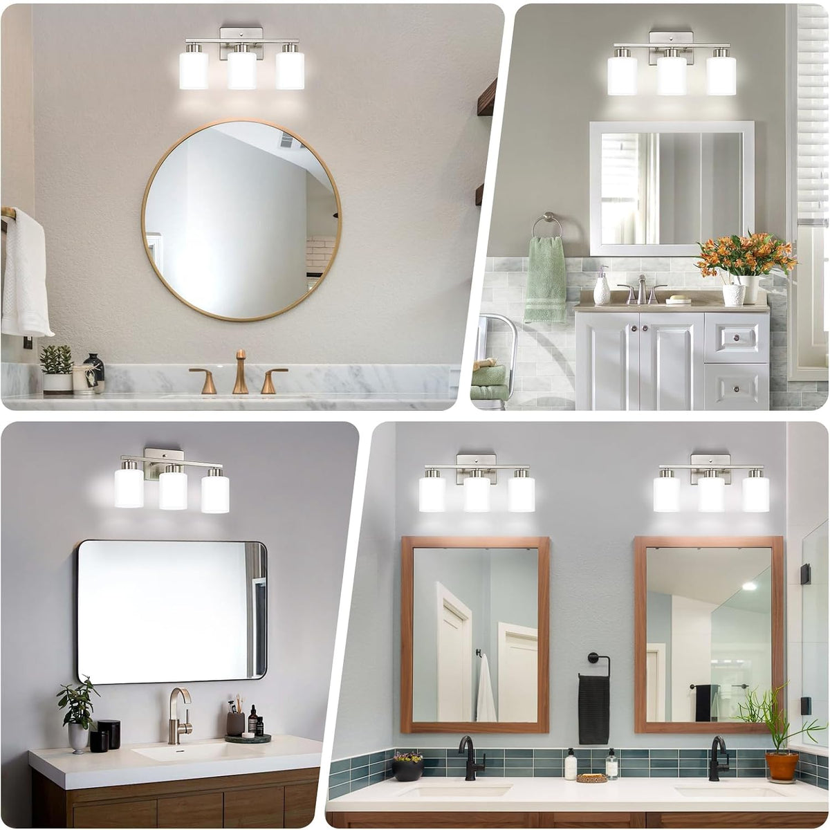 Brushed‑Nickel 3‑Light Frosted‑Glass Bathroom Vanity Light