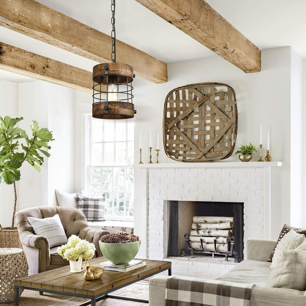 Retro‑Industrial 1‑Light Wood‑Metal Cage Pendant Light