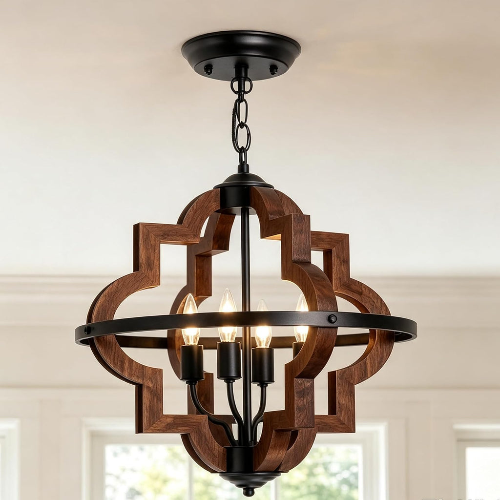 Farmhouse 4‑Light Wood‑Metal Cage Chandelier