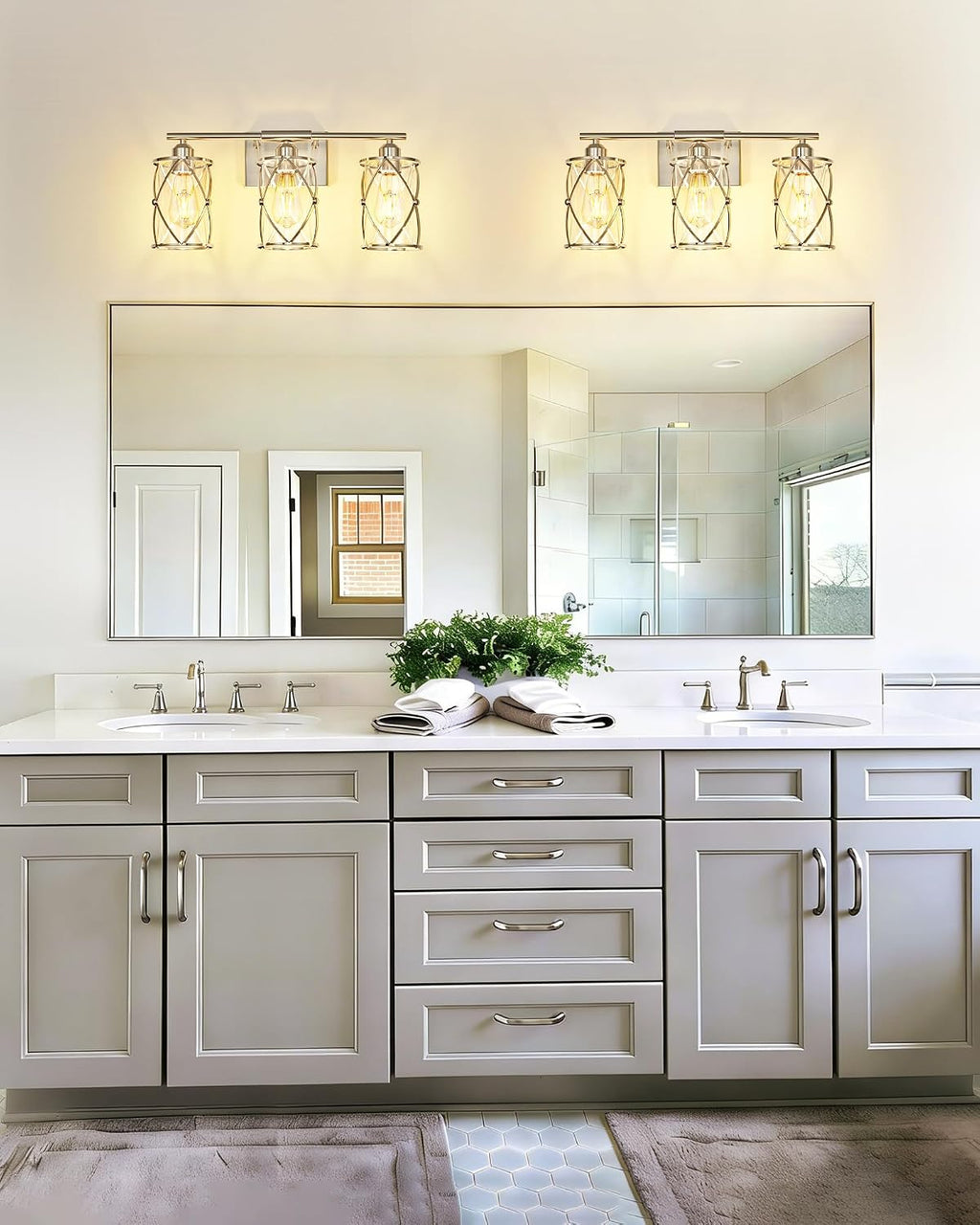 Brushed‑Nickel 3‑Light Cage‑Glass Bathroom Vanity Light